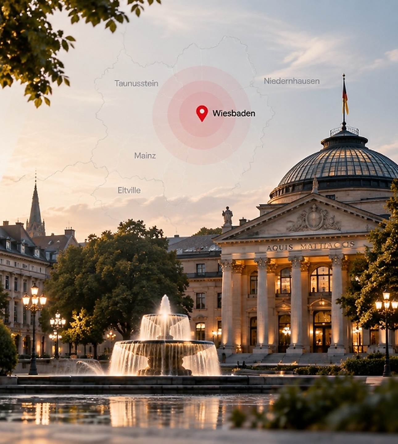 Wiesbaden Kurhaus mit historischem Brunnen und dezenter Übersicht des regionalen Einsatzgebietes